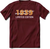 1939 Limited Edition T-Shirt | Goud - Zilver | Grappig Verjaardag en Feest Cadeau Shirt | Dames - Heren - Unisex | Tshirt Kleding Kado | - Burgundy - M