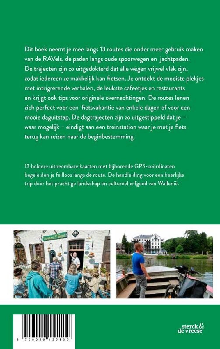 Achterkant van een boek met de tekst '13 heldere uitneembare kaarten...'. Twee foto's van België.