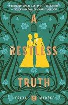 Boek 'A Restless Truth' van Freya Marske, met twee gouden silhouetten van vrouwen en een vogelkooi op een groen patroon.