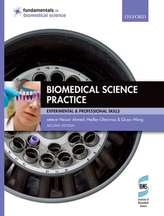 Titelpagina van 'Biomedical Science Practice', met een detailopname van een centrifuge en een hand die buisjes vasthoudt.