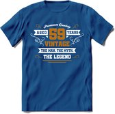 59 Jaar Legend T-Shirt | Goud - Wit | Grappig Verjaardag en Feest Cadeau Shirt | Dames - Heren - Unisex | Tshirt Kleding Kado | - Donker Blauw - M