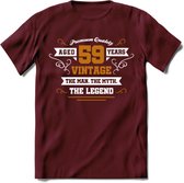 59 Jaar Legend T-Shirt | Goud - Wit | Grappig Verjaardag en Feest Cadeau Shirt | Dames - Heren - Unisex | Tshirt Kleding Kado | - Burgundy - L