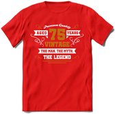 75 Jaar Legend T-Shirt | Goud - Wit | Grappig Verjaardag en Feest Cadeau Shirt | Dames - Heren - Unisex | Tshirt Kleding Kado | - Rood - L