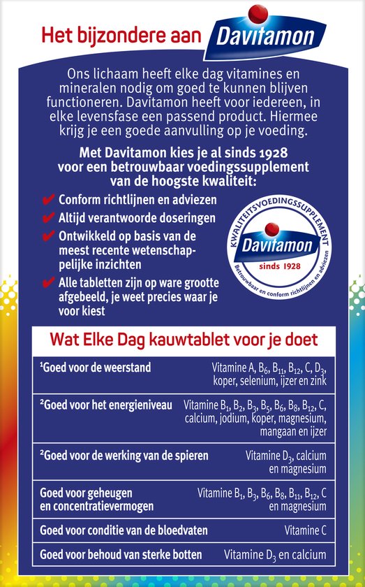 Davitamon Elke Dag kauwtabletten - Complete multivitamine met 22 essentiële vitamines en mineralen - 60 tabletten - Multivitamine