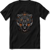 Wolf - Dieren Mandala T-Shirt | Oranje | Grappig Verjaardag Zentangle Dierenkop Cadeau Shirt | Dames - Heren - Unisex | Wildlife Tshirt Kleding Kado | - Zwart - XL