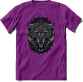 Wolf - Dieren Mandala T-Shirt | Donkerblauw | Grappig Verjaardag Zentangle Dierenkop Cadeau Shirt | Dames - Heren - Unisex | Wildlife Tshirt Kleding Kado | - Paars - M