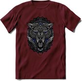 Wolf - Dieren Mandala T-Shirt | Donkerblauw | Grappig Verjaardag Zentangle Dierenkop Cadeau Shirt | Dames - Heren - Unisex | Wildlife Tshirt Kleding Kado | - Burgundy - XL