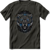 Wolf - Dieren Mandala T-Shirt | Blauw | Grappig Verjaardag Zentangle Dierenkop Cadeau Shirt | Dames - Heren - Unisex | Wildlife Tshirt Kleding Kado | - Donker Grijs - S