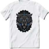 Wolf - Dieren Mandala T-Shirt | Blauw | Grappig Verjaardag Zentangle Dierenkop Cadeau Shirt | Dames - Heren - Unisex | Wildlife Tshirt Kleding Kado | - Wit - XXL