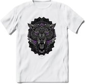 Wolf - Dieren Mandala T-Shirt | Paars | Grappig Verjaardag Zentangle Dierenkop Cadeau Shirt | Dames - Heren - Unisex | Wildlife Tshirt Kleding Kado | - Wit - 3XL