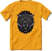 Wolf - Dieren Mandala T-Shirt | Paars | Grappig Verjaardag Zentangle Dierenkop Cadeau Shirt | Dames - Heren - Unisex | Wildlife Tshirt Kleding Kado | - Geel - S