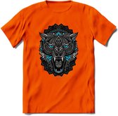 Wolf - Dieren Mandala T-Shirt | Lichtblauw | Grappig Verjaardag Zentangle Dierenkop Cadeau Shirt | Dames - Heren - Unisex | Wildlife Tshirt Kleding Kado | - Oranje - XXL