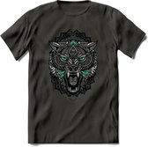 Wolf - Dieren Mandala T-Shirt | Aqua | Grappig Verjaardag Zentangle Dierenkop Cadeau Shirt | Dames - Heren - Unisex | Wildlife Tshirt Kleding Kado | - Donker Grijs - L
