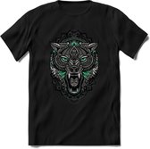 Wolf - Dieren Mandala T-Shirt | Aqua | Grappig Verjaardag Zentangle Dierenkop Cadeau Shirt | Dames - Heren - Unisex | Wildlife Tshirt Kleding Kado | - Zwart - M