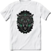 Wolf - Dieren Mandala T-Shirt | Aqua | Grappig Verjaardag Zentangle Dierenkop Cadeau Shirt | Dames - Heren - Unisex | Wildlife Tshirt Kleding Kado | - Wit - 3XL