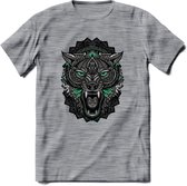 Wolf - Dieren Mandala T-Shirt | Aqua | Grappig Verjaardag Zentangle Dierenkop Cadeau Shirt | Dames - Heren - Unisex | Wildlife Tshirt Kleding Kado | - Donker Grijs - Gemaleerd - 3X