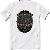Wolf - Dieren Mandala T-Shirt | Geel | Grappig Verjaardag Zentangle Dierenkop Cadeau Shirt | Dames - Heren - Unisex | Wildlife Tshirt Kleding Kado | - Wit - XL