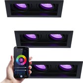 Set van 3 HOFTRONIC Durham Smart - Dubbele inbouwspot - Mat zwart - GU10 RGBW 16,5 miljoen kleuren - 11 Watt 690 Lumen - Dimbaar via smartphone en spraak - Kantelbaar - WiFi en Bluetooth - Vo