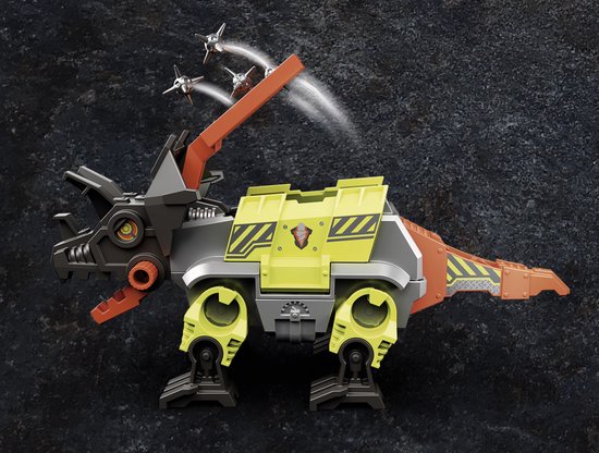 Grijze en gele Robo-Dino vechtmachine met drie projectielen die uit de lucht komen.