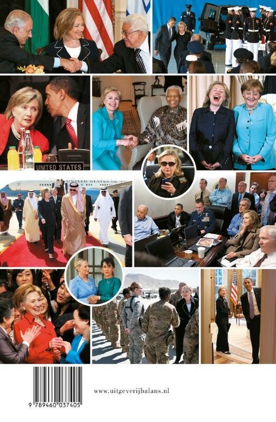 Een collage van foto's van politieke figuren, waaronder Hillary Clinton met andere wereldleiders.