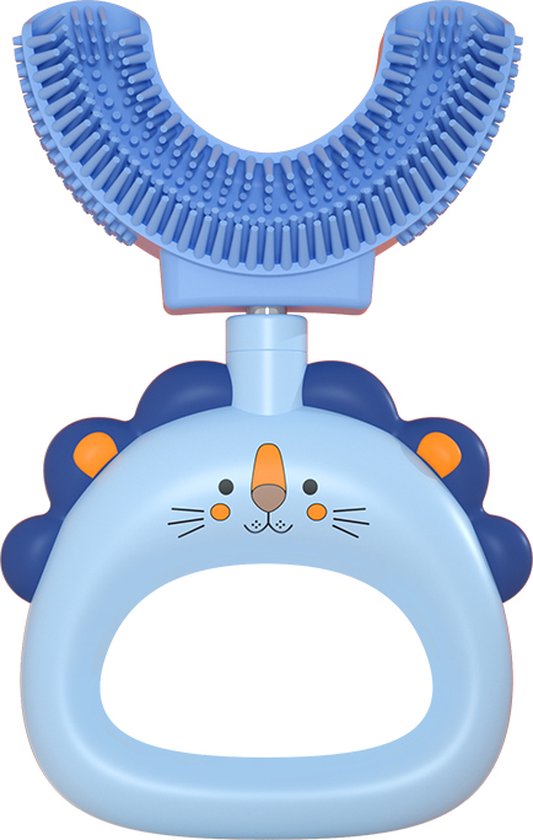 360 graden - U vormige baby tandenborstel - Blauw Leeuw Design - 2 in 1 Tandenborstel en Bijtring / Teether - Zachte siliconen - Kinderen...