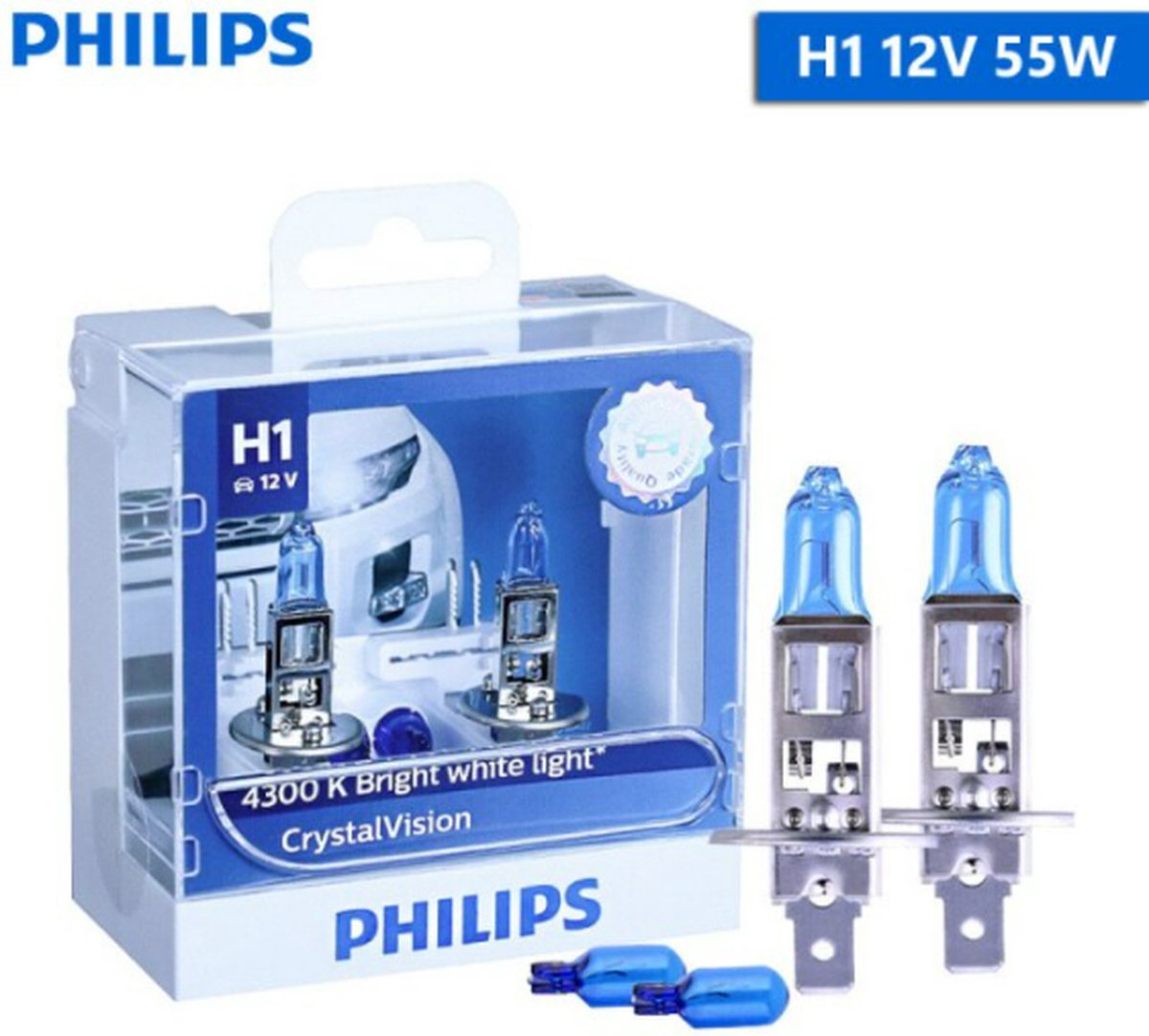 H1 55 Watt Philips Crystal Vision lampen 12V – Wit licht 4300K – Xenon look – LED look – Hoge lichtopbrengst – Lange levensduur – H1 55w Autolampen – Koplampen – Kleur wit – H.O.D. halogeen Origineel Philips lampen – 2 stuks – Gratis W5W stadslichten
