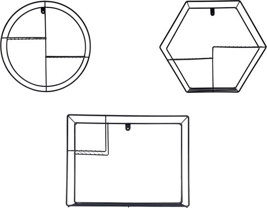 Wandrek Industrieel (set van 3) - Metaal - Zwart - 3 verschillende vormen | Z- Hoge Kwaliteit Wanddecoratie