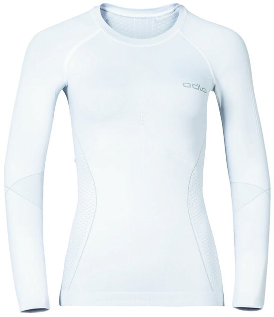 Witte Odlo longsleeve sportondergoed voor dames, met texture en mesh panelen aan de zijkanten en logo op de borst.