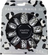 Nepnagels Fashion nails met lijm Zilver luipaard motief - Zilver / Wit - Kunststof - One Size - Set van 24