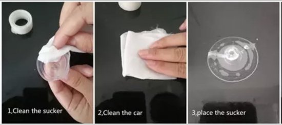 Instructies voor het bevestigen van een zuignap: 1. Reinig de zuignap, 2. Reinig de auto, 3. Plaats de zuignap.