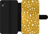Bookcase Geschikt voor iPhone XR telefoonhoesje - Kerst - Feest - Goud - Met vakjes - Wallet case met magneetsluiting