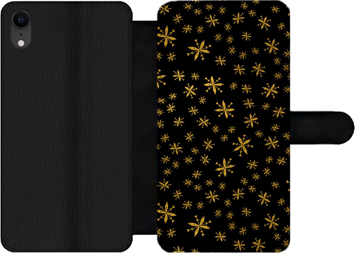 Telefoonhoesje Geschikt voor iPhone XR telefoonhoesje - Kerst - Sneeuwvlok - Goud - Met vakjes - Wallet case met magneetsluiting