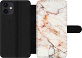 Bookcase Geschikt voor iPhone 12 telefoonhoesje - Marmer print - Oranje - Steen - Met vakjes - Wallet case met magneetsluiting