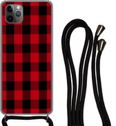 Hoesje met koord Geschikt voor iPhone 11 Pro - Plaid - Zwart - Rood - Siliconen - Crossbody - Backcover met Koord - Telefoonhoesje met koord - Hoesje met touw