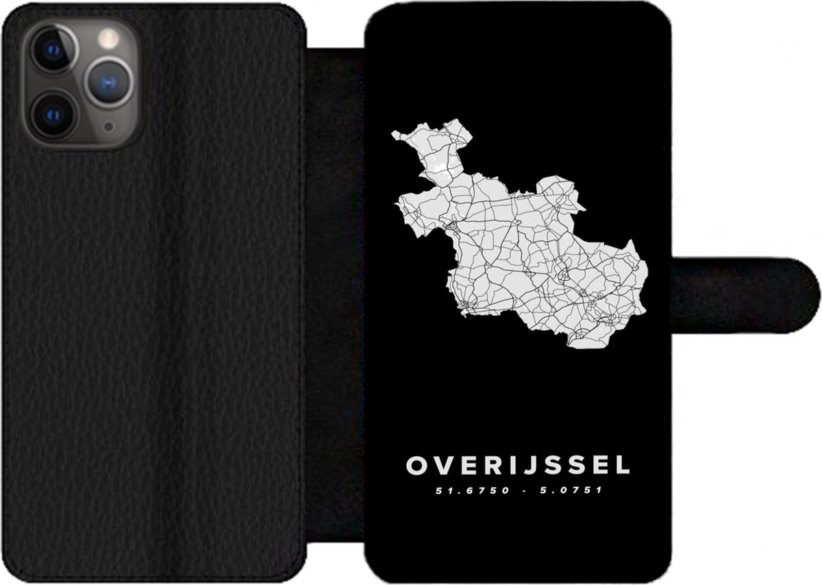 Telefoonhoesje Geschikt voor iPhone 11 Pro Max telefoonhoesje - Overijssel - Wegenkaart Nederland - Zwart - Met vakjes - Wallet case met magneetsluiting