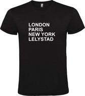 Zwart t-shirt met " London, Paris , New York, Lelystad " print Wit size XL
