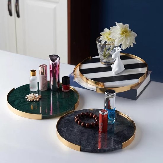 Mramor Dienblad Marmer Rond ZWART Met Gouden Frame Bol mramor-dienblad-marmer-rond-zwart-met-gouden-frame-bol