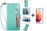 Luxe Telefoonhoesje voor Samsung Galaxy S22 Ultra | Hoogwaardig Leren Bookcase | Lederen Wallet Case | Pasjeshouder | Groen + 1x Screenprotector
