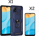 Oppo A15 Hoesje armor Met ring houder Blauw - Oppo A15s hoesje  / Oppo A35 2021 hoesje met Kickstand TPU backcover hoesje - Oppo A15 / A15s screenprotector 2 pack