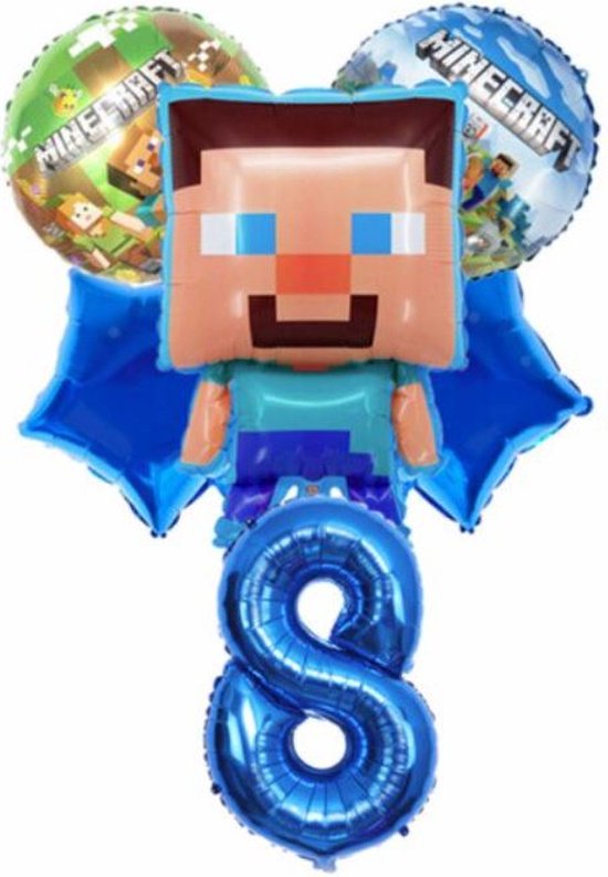 Minecraft folie ballon - ballonnen set van 6 - verjaardag - thema - blauw - 8 jaar -