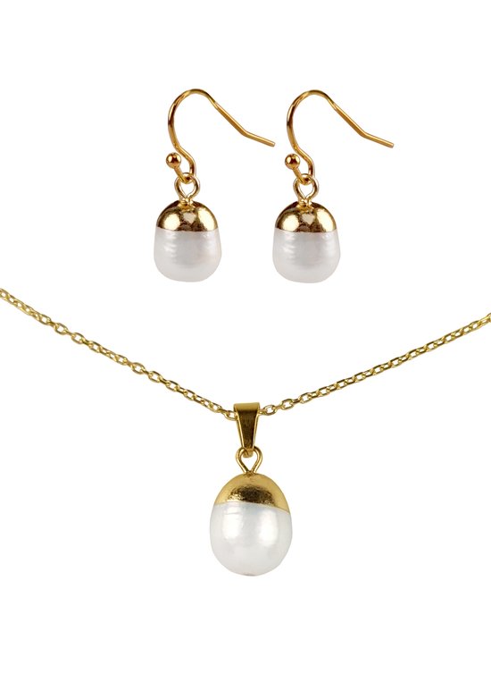 Zoetwater parel set Gold Dip White Pearl - parelketting + parel oorbellen - echte parels - wit - goud - edelstaal