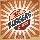 Dibond - Retro - Best Burgers In Town in  rood / zwart / wit / oranje - 50 x 50 cm.