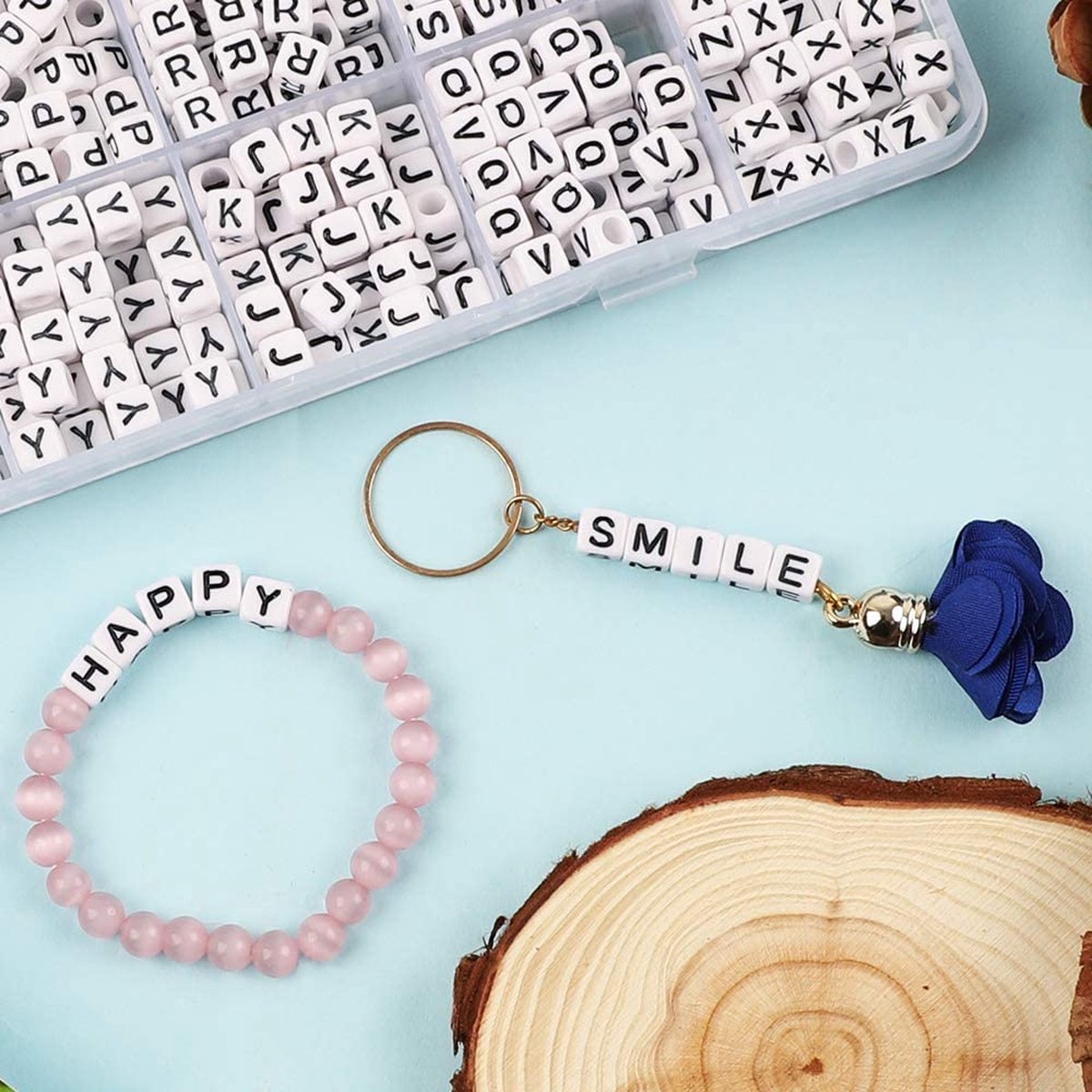 Behave Vierkante Letterkralen Set - Wit met Zwarte Letters - Acryl - Kralen - Alfabet Kralen - 6mm - 390 Stuks — afbeelding 9