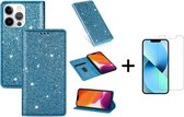 Apple iPhone 13 Glitter Bookcase | Hoogwaardig PU Leren Telefoonhoesje | Pasjeshouder | Blauw + 1x Screenprotector