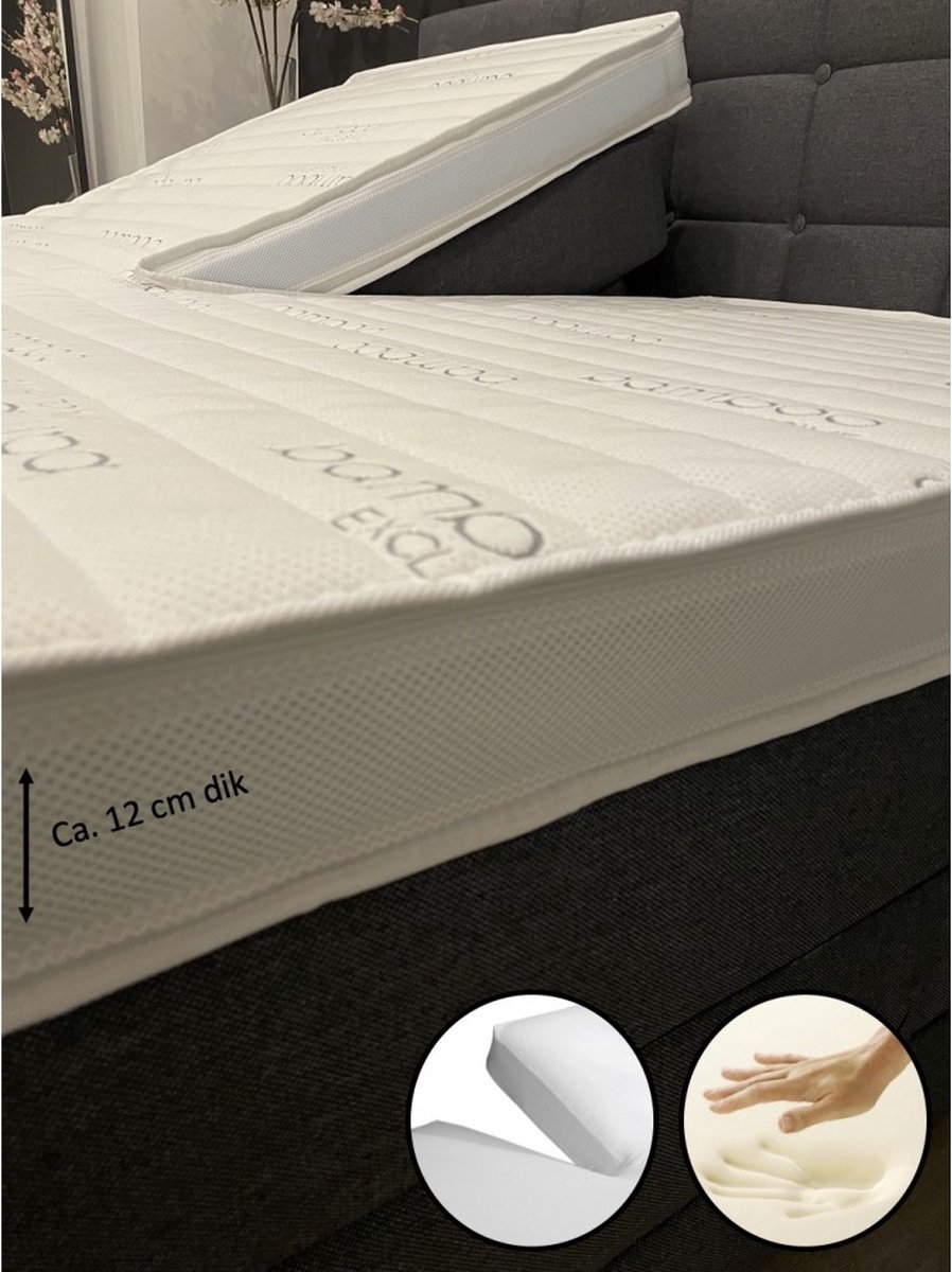 dreambedden Splittopper 180x220 - Zacht - Nasa Traagschuim - Bamboo Exclusive - ca. 12 cm dik - Anti Allergie - Orthopedisch - SPLIT wit