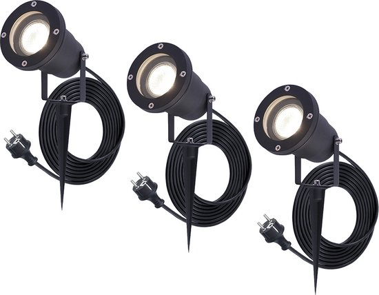 HOFTRONIC™ 3x Sydney Prikspot - GU10 - Plug & Play - Neutraal wit 4000K - 5 Watt - Voor buiten - Priklamp - Zwart - Grondspies - 1.5 meter netsnoer - Tuin spots,