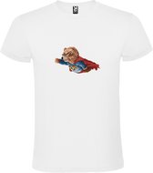 Wit t-shirt met grote print 'Vliegende Superheld Teddybeer' size XS