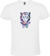 Wit t-shirt met grote print 'prachtige Tijger en Vlinder in pasteltinten'  size XL
