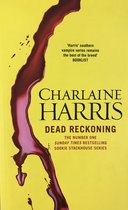 Boekomslag van "Dead Reckoning" door Charlaine Harris, met een gele achtergrond en een druppel rode vloeistof.