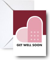 Studio Emo - 2 stuks - Get well soon wenskaart met envelop - beterschapskaart - A6 roze hart met pleister